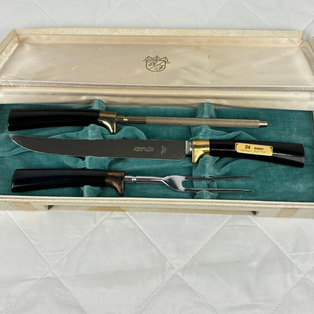 Vintage Washington Forge Steak Knife Carving Set 24K Gold Plated‎ Boxed MCM